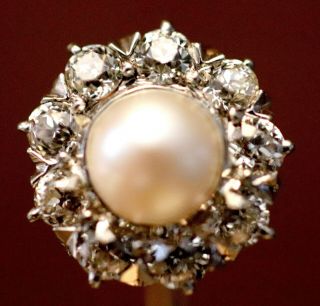 14K White gold antique stick pin with 9 full cut diamonds with mobe pearl center 2