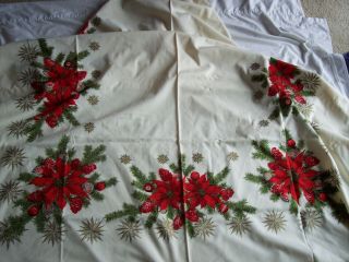 Vintage Cloth Tablecloth Christmas Print Poinsettia Holly Print 58 " X 85 "
