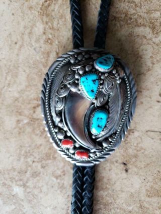 Vintage Navajo Sterling Silver,  Turquoise,  Coral Claw Bolo Tie 3 " X 2 1/2 "