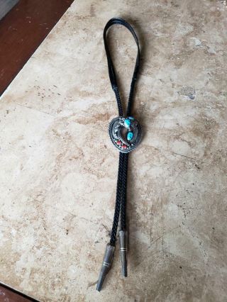 Vintage Navajo Sterling Silver,  Turquoise,  Coral Claw Bolo Tie 3 