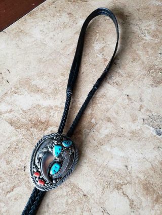 Vintage Navajo Sterling Silver,  Turquoise,  Coral Claw Bolo Tie 3 