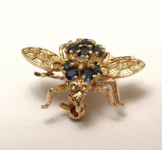 Vtg 14k Gold Bumble Bee Pin Brooch 19 Sapphires & Diamond Insect Fashion Jewelry