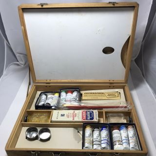 Vintage 1960s Grumbacher Oil Paint Set 515 - Wooden Case 12 Paint Tubes & More