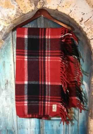 Vintage Faribo Faribault 100 Wool Red Plaid Stadium Blanket W/ Fringe 52x49