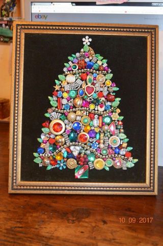Large Framed Vintage Jewelry Christmas Tree Rhinestones A19 13x15 "