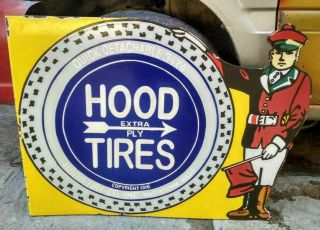 Hood Tires Porcelain Enamel Sign 28x20x2 Inches Flange Double Sided