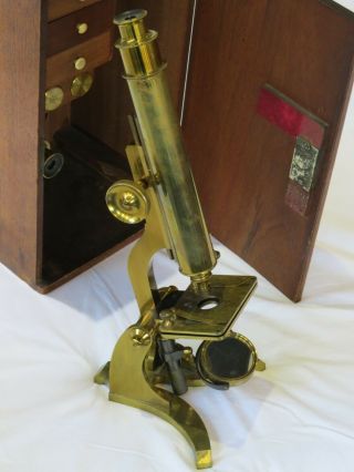 Antique Brass Microscope Made By J White Of Glasgow With Lenses In Case