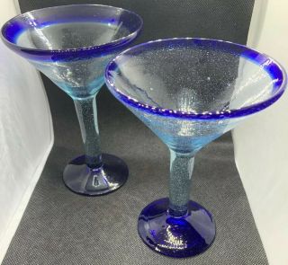 Set Of 2 Mexican Hand Blown Glass Martini/margarita Glasses With Cobalt Blue Rim