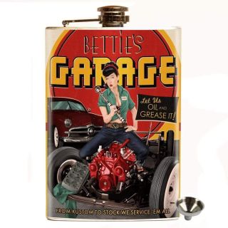 Bettie Page Garage Stainless Steel Hip Flask Gift Retro Pin Up Rockabilly Kustom