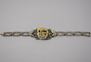Alfred Philippe For Crown Trifari Bracelet Pave Rhinestone Enamel Pansy Bracelet
