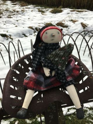 Primitive Folk Art Christmas Snowman Doll Icelyn & Her Tree