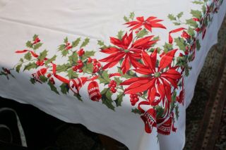 Vintage Cotton Christmas Tablecloth 52x64 Bells Pine Holly Ribbon Wilendure Tag