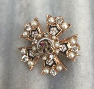 Sigma Nu Epsilon Tau Tau Fraternity Pin - 10k Gold With Diamonds,  Pearls & Ruby