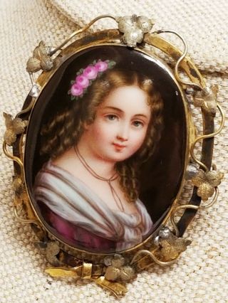 Large Antique Victorian Hand Painted Porcelain Portrait Of Girl Brooch C - Clasp