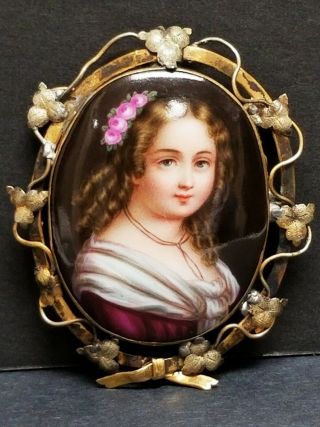 Large Antique Victorian Hand Painted Porcelain Portrait of Girl Brooch C - Clasp 2
