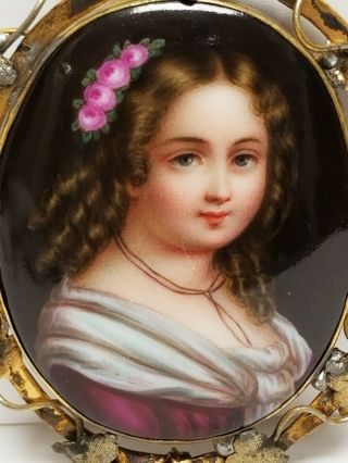 Large Antique Victorian Hand Painted Porcelain Portrait of Girl Brooch C - Clasp 3
