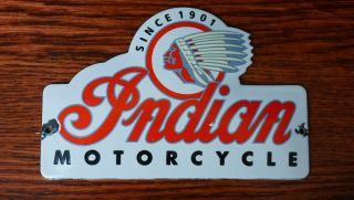 Vintage Indian Motorcycles Porcelain Sign Gas Oil Metal Station Push Chief Head