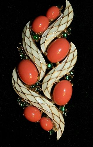 Omg Rare Crown Trifari Signed 3 Inch Enamel Snake Like Pin With Green Stones