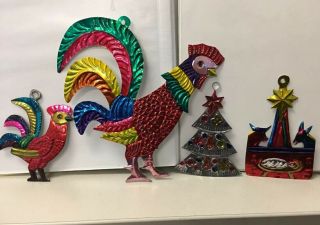 Vintage Mexican Folk Art Punched Pierced Tin Rooster (large) Xmas Tree Ornaments