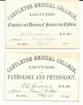 2 Medical Tickets Lecture Cards Castleton Medical College Vermont
