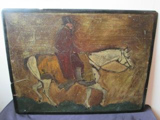 Antique Early 19th Century Folk Art Oil Painting Of Man In Top Hat Riding Horse