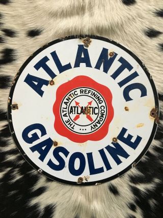 Vintage Porcelain Atlantic Gasoline Pump Plate Sign Gas Oil Advertising