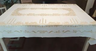 Vintage Christmas Poinsettia Candles Cloth Table Cover Gold White Oblong 83 X 55