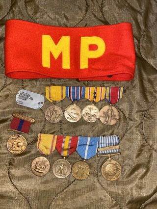 Ww2 / Korean War Era Us Marine Corps Medal Bar,  Dog Tag Grouping,  Named Mp Usmc