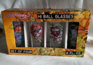 Ed Hardy Design Set Of Four 14 Oz Drinking Glasses Tumblers Hi Ball 7 " Tall