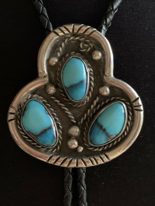 Vintage Native American Silver Bolo Tie Marked “wr” & 3 Matched Turquoise Stones