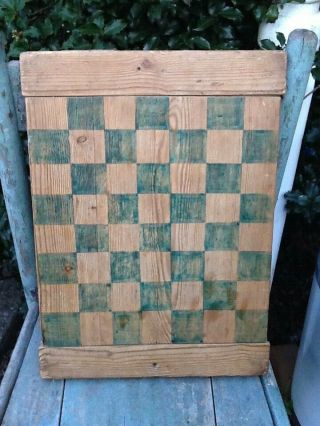 Early Primitive Wooden Game Board Old Green Paint Bread Board Ends Mortised