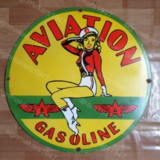 Aviation Gasoline Vintage Porcelain Sign 30 Inches Round
