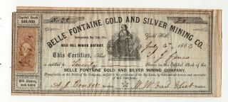 1863 Belle Fontaine Gold & Silver Mining Company Stock Certificate