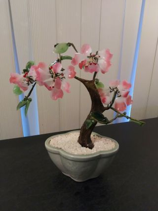 Vintage 9 " Glass Jade Bonsai Sakura Cherry Blossom Tree