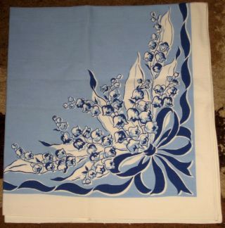 Vtg Blue Bows/lily Of The Valley Tablecloth Print Linen 31 " X 32 1/2 " Ecu