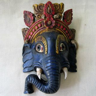 Great Hand Carved Small Blue Red Ganesh Wall Mask Nepal Wood