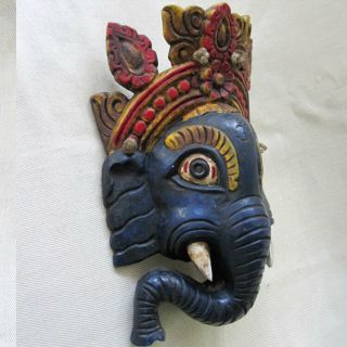 GREAT HAND CARVED SMALL BLUE RED GANESH WALL MASK NEPAL WOOD 2
