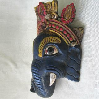 GREAT HAND CARVED SMALL BLUE RED GANESH WALL MASK NEPAL WOOD 3