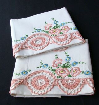 Vintage Embroidered Cotton Pillowcase W Crochet Lace Trim