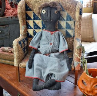 Extreme Primitive Handmade Folk - Art Black Cloth Doll
