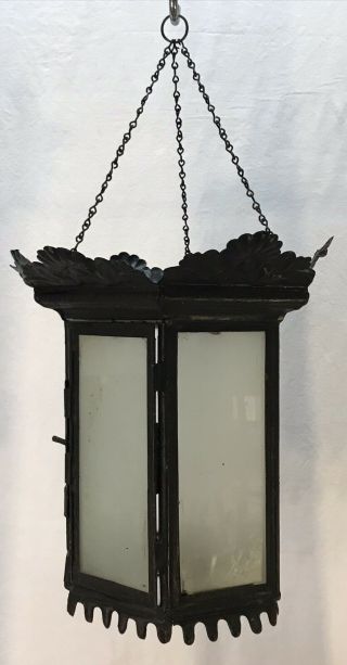 Antique Mid 19th C Hexagon Tin & Glass Toleware Hanging Candle Hall Lantern