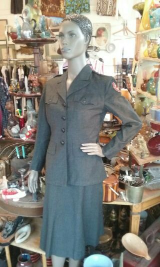 Vintage 40s Womens Wwii American Red Cross Wool Uniform Suit Jacket Skirt Arc