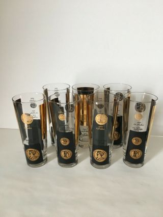 7 Vintage Cera Black Gold Coin Double Old Fashioned Tall Highball Glasses Mcm