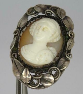 Large Antique Arts & Crafts Sterling Silver & Carved Shell Cameo Ring C1900