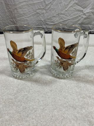 Vintage 2 Pheasant Male Female Gold Rimmed Glass Mugs Set Of 2