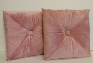 2 Retro Vtg Pink Velour / Velvet Tufted Boudoir Pillows 14 " Square Glamour