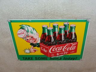 Vintage Coca Cola W/ 6 Pack Bottles Sprite Boy 11 " Porcelain Metal Soda Pop Sign