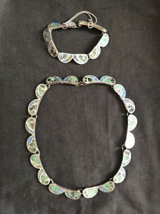 Vintage Taxco Mexico Sterling Silver Mosaic Turquoise Necklace Bracelet Set