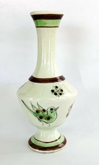 Mexican Tonala Tlaquepaque Glazed Art Pottery Vase W Bird,  Butterfly,  Flowers 8”