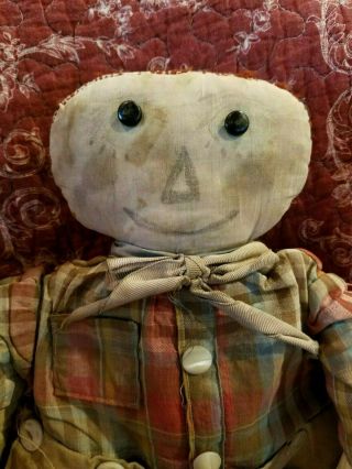 Antique Early Vtg Old Primitive Cloth Rag Doll Raggedy Andy Volland Style Face